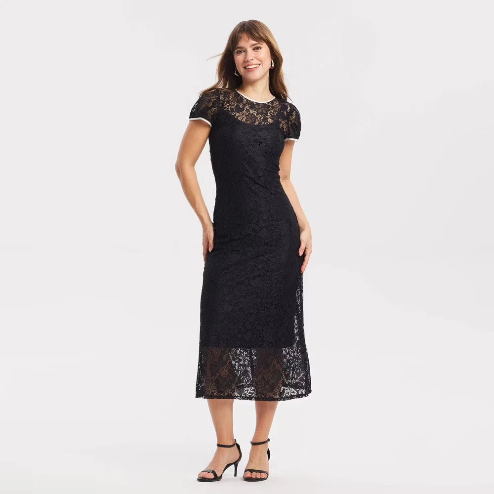 Women's Puff Short Sleeve Lace Midi Dress - A New Day Black S