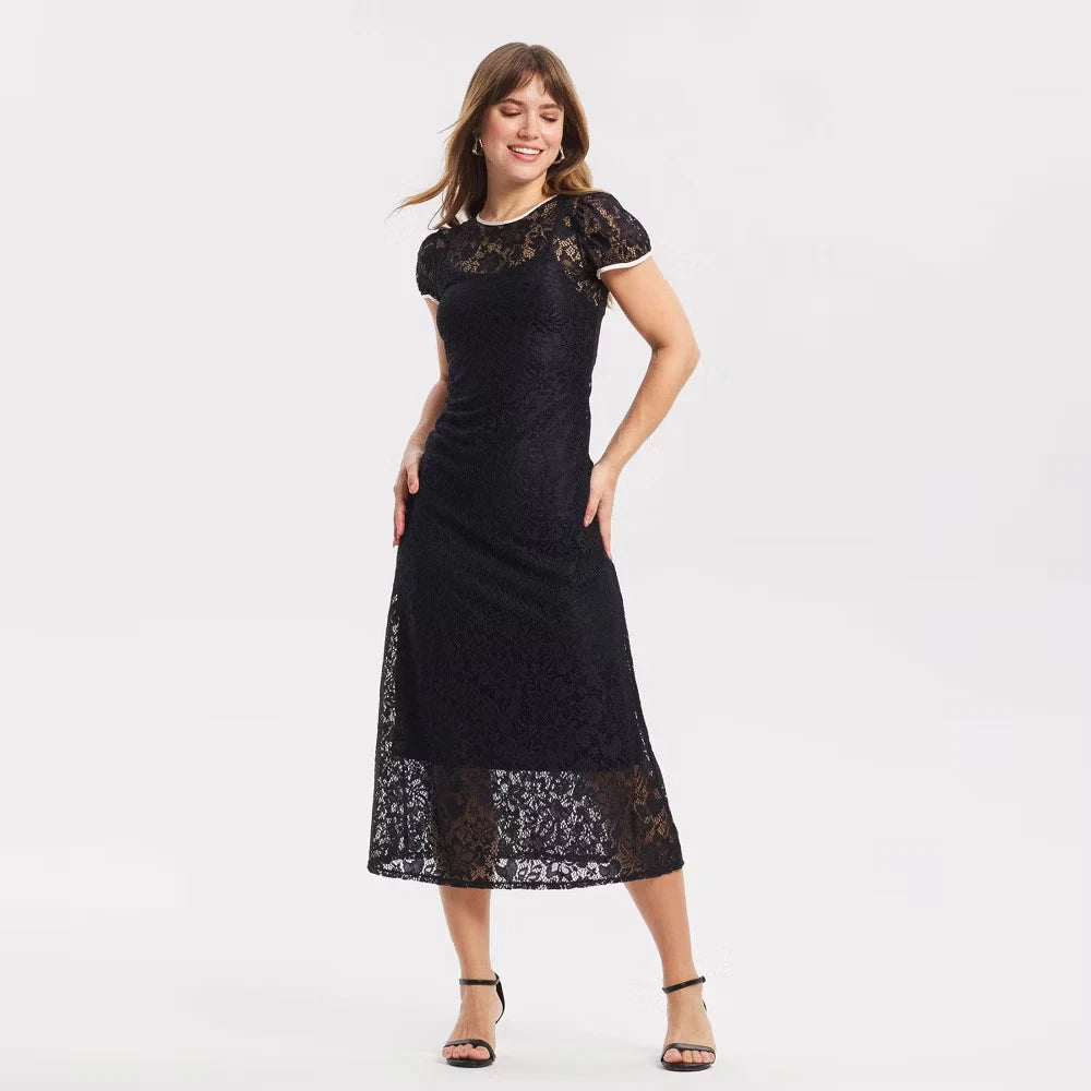 Women's Puff Short Sleeve Lace Midi Dress - A New Day Black S